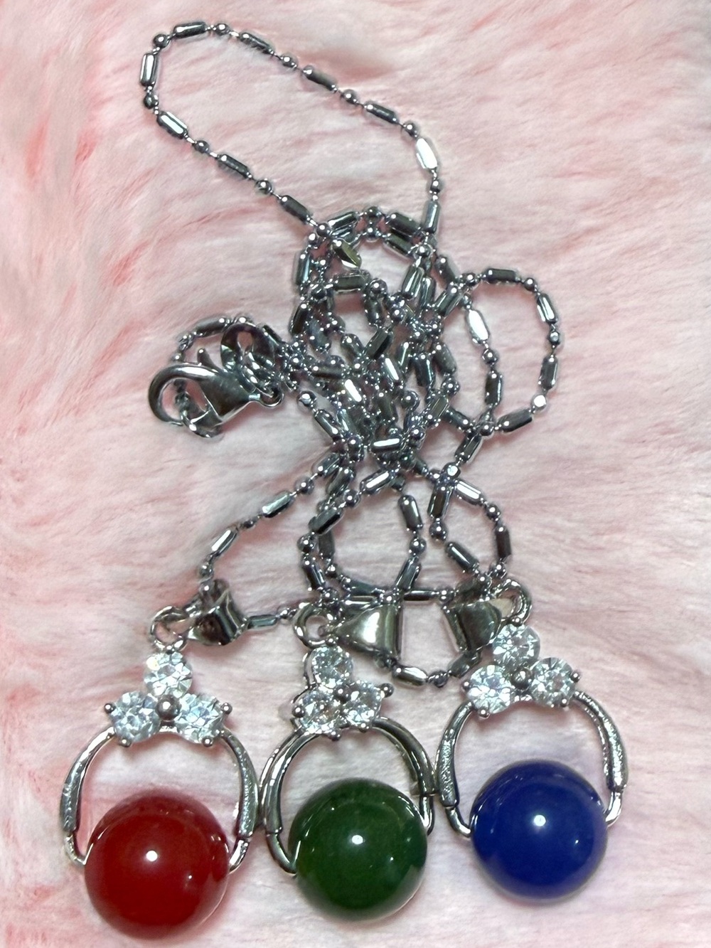 925 Sterling Silver Jade Agate Diamond Necklace 18”/Green Blue Red Agate Pendant